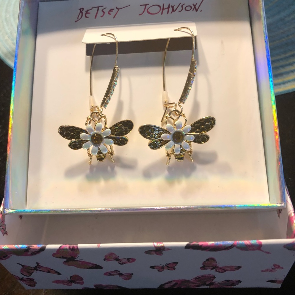 Betsy Johnson Pave Long Drop Bee Earrings.